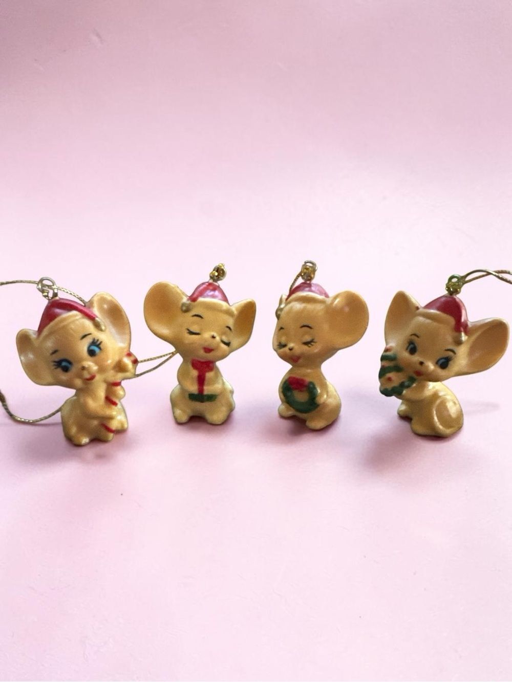 VTG NAPCO Ware Hard Plastic Miniature Santa Mouse Christmas Ornaments set of 3